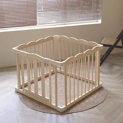 Baby Playpen, Wooden Playpen for Babies and Toddlers, Large Adjustable Baby Playpen with Locking Gate, Easy to Assemble, Multiple Shapes,Kids Activity Center(35 * 35 * 24 Inch)