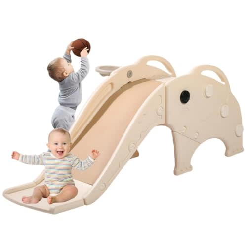 Artistic Elephant Indoor Slide for Toddlers Age 1-3, Indoor and Outdoor Playground, Toddler Climber Playset with Basketball Hoop