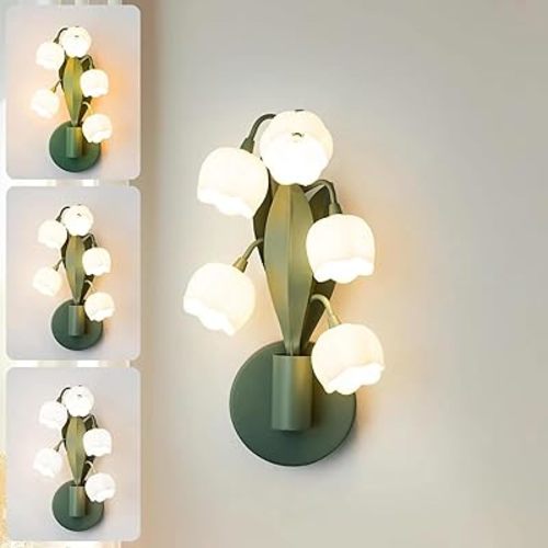 Flower Wall Sconces 5 Lily of The Valley Lights Vintage Flower Wall Light Bedside Lamps with 3 Color Modes Nightstand Lamp with G4 Led Bulbs for Bedroom, Living Room, Office,Green