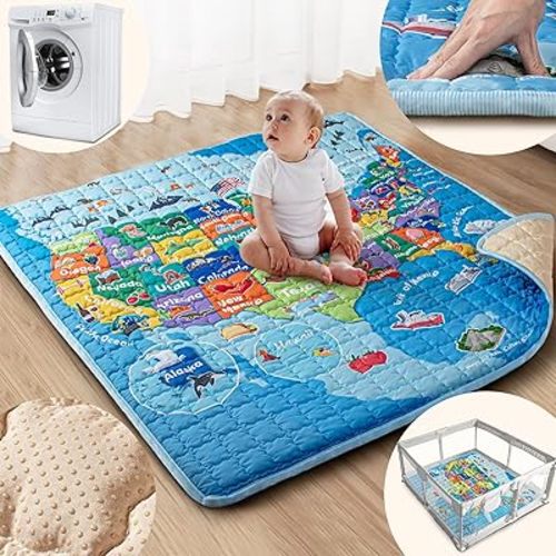 Baby Play Mat, 50x50 Playpen Mat with Super Soft Touch, Thick Activity Mat with Upgraded Anti-Slip Bottom, Machine Washable Crawling Mat for Floor & Picnic (Map)