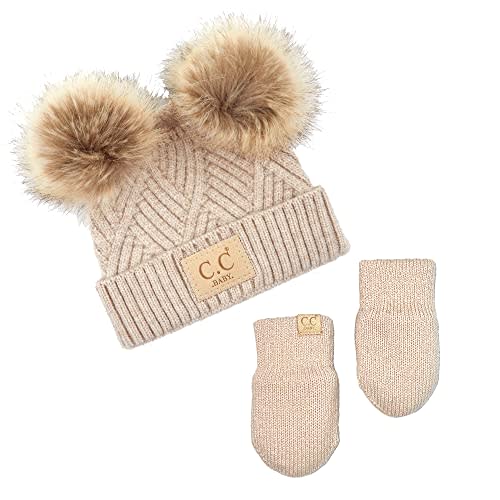Funky Junque Baby Pom Beanie & Fleece Mittens Set - Warm Winter Essentials - Spring Colors, Classic Neutrals, Pattern Styles