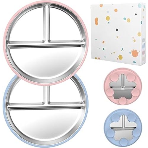 Stainless Steel Baby Suction Plates, 2 Pack 9” Kids Divided Plates with Removable Silicone Suction Sleeves, Non Slip, Non Toxic & BPA Free, Dishwasher Safe, Food-Grade Toddler Snack Dishes, Blue&Pink