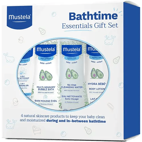 Mustela Baby Bath Time Essentials Gift Set - Natural & Plant-Based Baby Skin Care - 4 Items Set