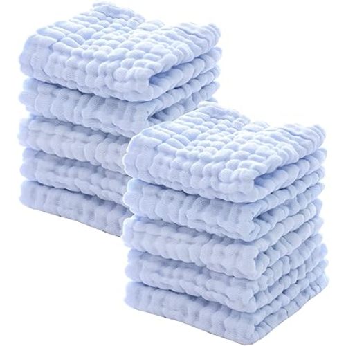 MUKIN Baby Washcloths - Natural Cotton Baby Wipes - Soft Newborn Face Towel for Sensitive Skin - 10 Pack, 12x12 inches