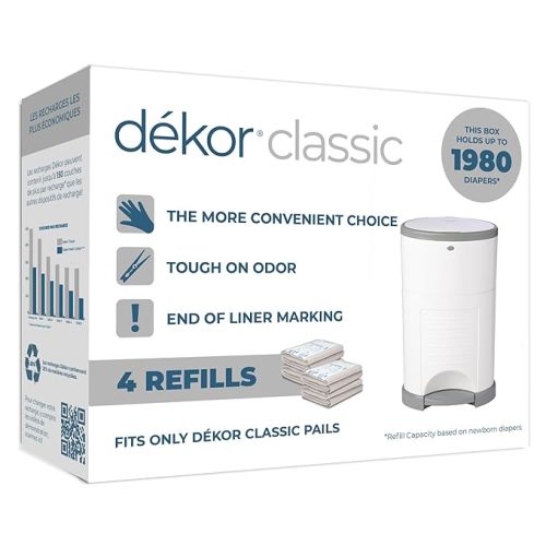 Diaper Dekor Classic Diaper Pail Refills | 4 Count | Most Economical Refill System | Quick & Easy to Replace | No Preset Bag Size Use Only What You Need | Exclusive End-of-Liner Marking - 4 Count (Pack of 1)