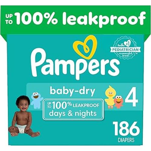 Pampers Baby Dry Diapers - Size 4, One Month Supply (186 Count), Absorbent Disposable Diapers