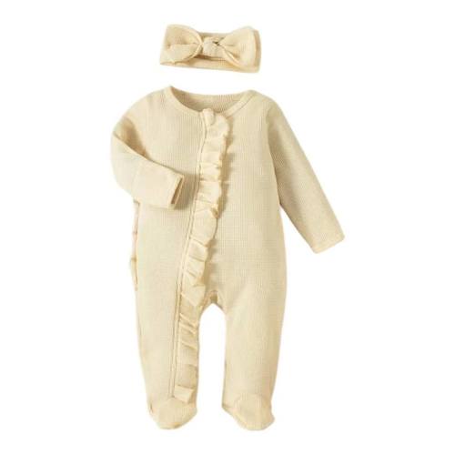 Baby Girls Ribbed Ruffle Zipper Footie with Headband