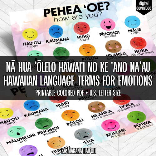Hawaiian Language Terms for Emotions | Nā Hua ʻŌlelo Hawaiʻi | Educational Resources | Language Learning | Printable PDF | US Letter