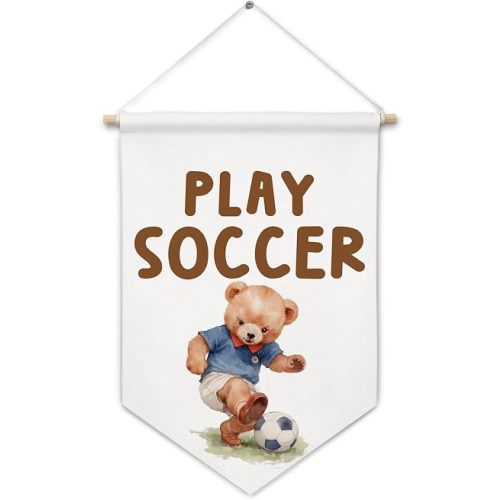 ArtisaEura Bear Nursery Wall Canvas Banners, Bear Nursery Decor, Play Soccer Hanging Display Pennant Banner Flags, Play Room Wall Decor for Kids Toddler Boys Room Bedroom Playroom