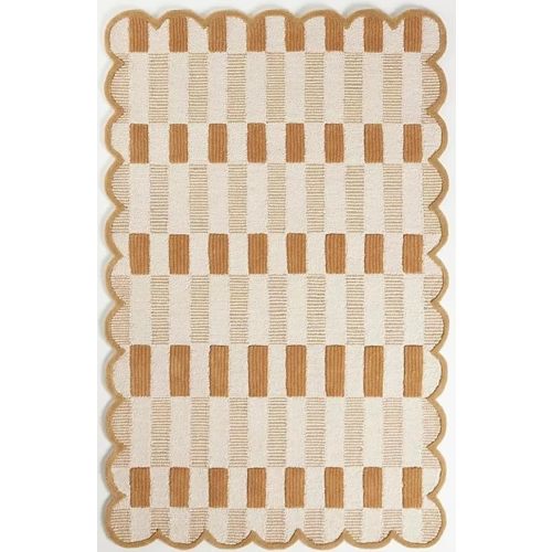 Matilda Goad Plaid Scallop Wool Hand Tufted Area Rug, Luxurious Designer, Anro Irregular Cozy Soft Area Rug for Bedroom, Living Room or Hallway| Handmade Modern Accent Rug (Neutral, 5x8)