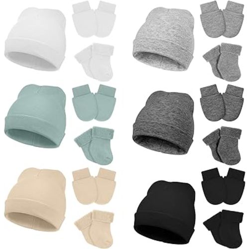 6 Pack Preemie Newborn Hats Mittens and Socks Set Cotton Beanie Hats Socks and No Scratch Mittens