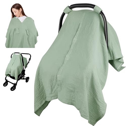 Jundetye Car Seat Cover Baby Girls Boys, Summer Cotton Baby Car Seat Cover for Carseat, Comfortable Muslin Nursing Cover, Soft Baby Blanket, Breathable Lightweight Infant Stroller Canopy, Green