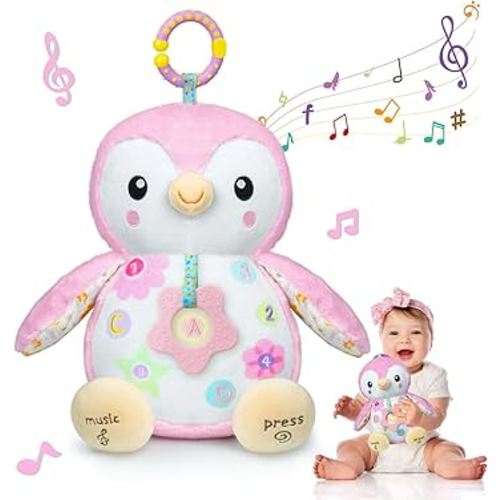 Fuzqq Penguin Baby Toys 0-6-12 Months,Stuffed Animal Plush Toy,Textured Hanging Ring,Rattles & Crinkle Sound Paper,Tummy Time Toys for Newborns Toys for 0-6-12 Months Boy/Girls