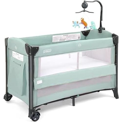 JOYMOR Baby Bedside Sleeper, Bed Side Bassinet with Replacement Sheet, Pack n Play Convert Playpen, Quick Foldable Travel Bassinet Bed, with Toy, Wheels & Brake, Carry Bag for Boys Girls …