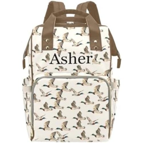 Custom Diaper Bag with Name Personalized Mallard Travel Backpack for Holiday Travel Customized Nappy Changing Bag with Pockets for New Mom