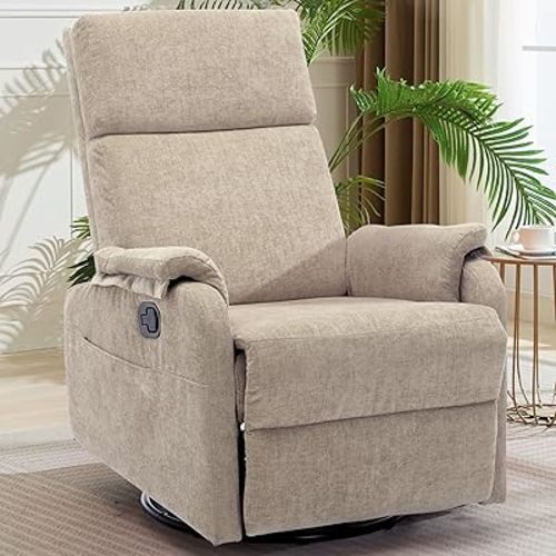 Recliner Chair, Swivel Rocking Recliner Chair for Adults, Glider Rocking Chair, Small Nursery Chair Recliner for Living Room, Reclining Chair with Modern-Designed Armrests, Chenille, Khaki