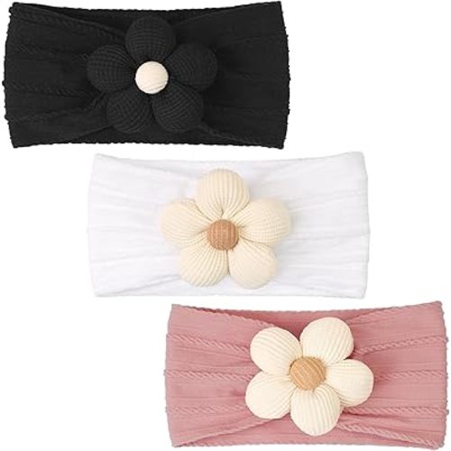CÉLLOT Baby Flower Headbands Baby Girls Nylon Headbands Baby Essentials Stretchy Hairbands Handmade Hair Accessories for Newborn Infant Toddlers Kids (White,Pink,Black)