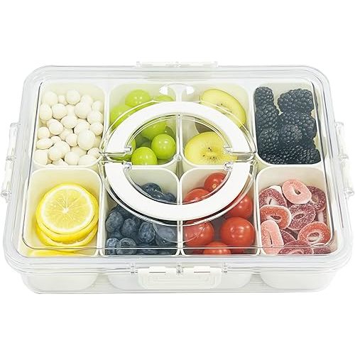 Snackle Box Container,Divided Serving Tray With Lid and Handle,Snack Box Storage Organizer For Fruits,Candy,Nuts,Charcuterie,Veggie-Platter For Picnic,Travel,Party,Entertainment