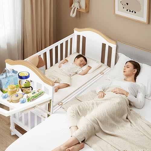 Baby Bassinets Bedside Sleeper - 6 in 1 Pine Wood Baby Bassinet,2-Layer Bedside Bassinet with Floating Shelf,Bassinet Bedside Sleeper Mini Crib with Mattress for Newborn,White