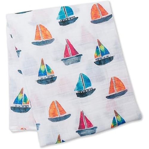 Lulujo Baby 100% Cotton Muslin Swaddle Blanket, 47 x 47-Inches, Sailboat