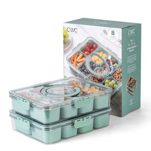 COOK WITH COLOR 8-Compartment Snackle Box Container Divided Serving Tray with Lid, Sage, 2-Pack