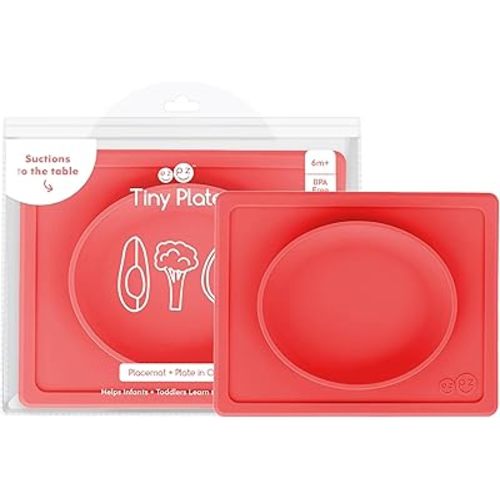 ezpz Tiny Plate (Coral) - Silicone Suction Placemat + Plate for Infants - 6 months+ - Baby Led Weaning Supplies - Fits on Most Highchair Trays