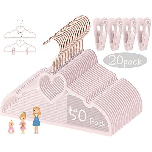 Pink Heart Velvet Baby Hangers - 50pack 13inch Toddler Hangers with 20pcs Clips, Premium Velvet Strong and Durable Baby Clothes Hangers Without Slipping, Ultra Slim and Stackable Space Saving