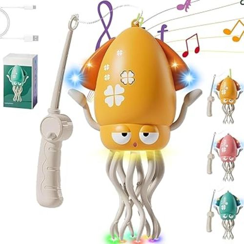 Dancing Octopus Toy with Smart Tentacle Explorer, Dancing Squid Toy with Music & Lights, Crawling Toys Automatic Obstacle Interactive Toys for Cats (Yellow)