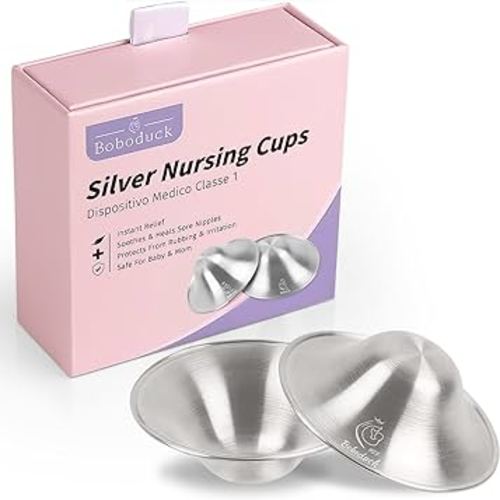 Boboduck The Original Silver Nursing Cups - Nipple Shields for Nursing Newborn, Newborn Breastfeeding Essentials Must Haves for Soothe and Protect Your Nursing Nipples - 925 Silver (Regular Size)