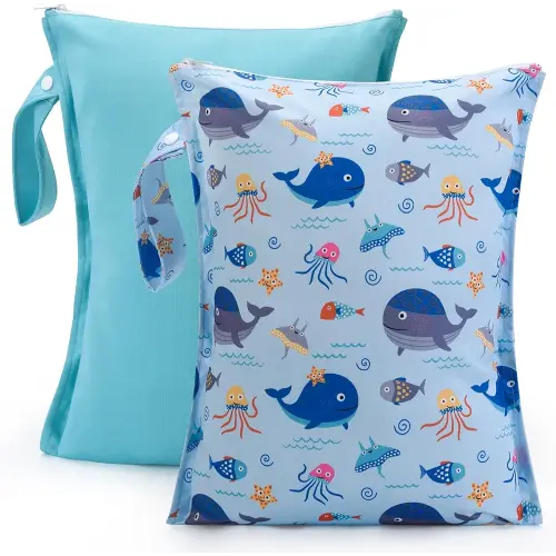 2pcs Cloth Diaper Mess-proof Wet Bags,Waterproof Reusabel Travel Storage Stroller Daycare Soiled Baby Items Beach Pool Yoga Gym Bag for Wet Toddler Swimsuits -Dolphin,Blue