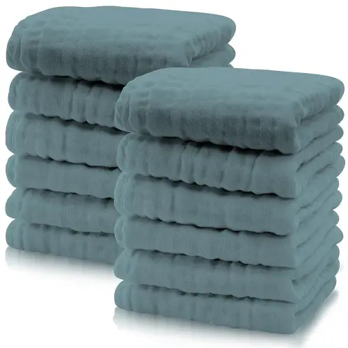 Cute Castle 12 Pack Muslin Baby Washcloths - Large 12'' by 12'' - Ultra Soft 100% Cotton - Super Absorbent Burp Cloths for Unisex, Boy, Girl -Dark Green