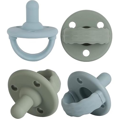 Soother Pacifier,Food Grade Silicone Pacifiers with Handle & 3 Holes for Added Safety, BPA Free, 4-Pack (Sage x2 / Ether x2)