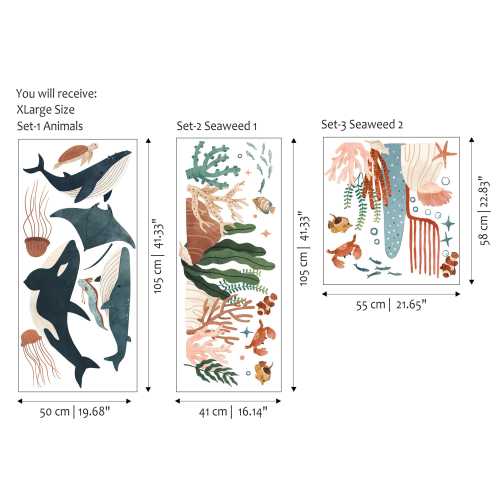 Set 3 XL Ocean Animal Wall Decals , Sea Life Wall Stickers, Watercolor Sea Life Nursery Decor, Kids Room Wall Art