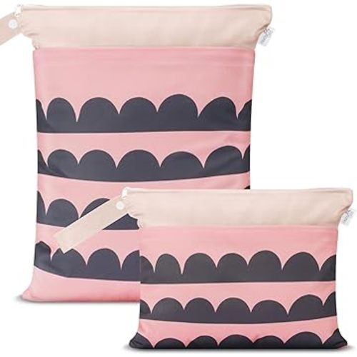 Cloth Diaper Wet Bags – Waterproof & Reusable Bag with 2 Zippered Pockets, 100% Polyester with Handle, Perfect for Stroller, Travel, Baby Essentials & Breast Pump Storage (Blush Wave-2pk)