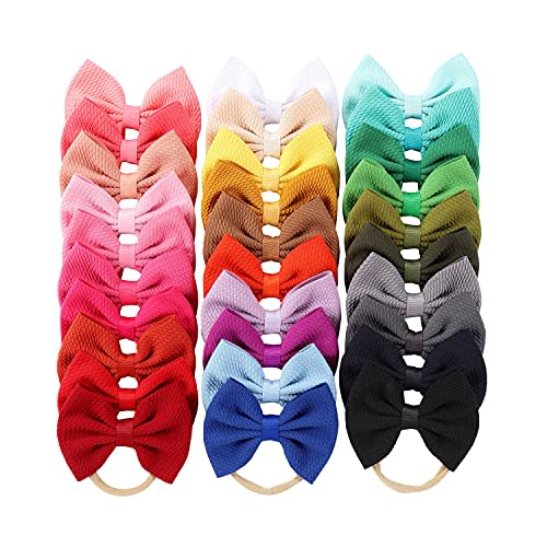 Cinaci 30 Pack Super Stretchy Nylon Hair Bands with Solid Bow Hair Bands Accessories for Baby Girls Infants Toddlers Kids Teens (30 as Shown)