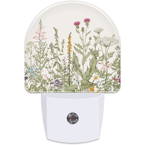 Herbs and Wild Flowers Night Light for Kids,Watercolor Green Botanical Floral Leaves Night Light Plug in with Dusk to Dawn Sensor,0.5w Energy Saving Nightlight for Hallway Stairway Kitchen Bedroom