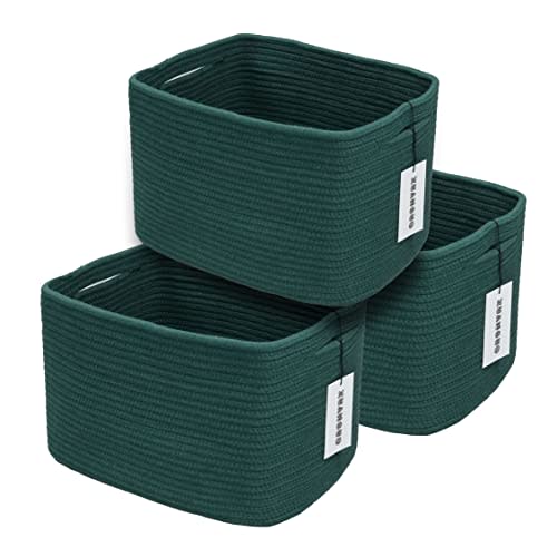 Cotton Rope storage Basket Bins14.5X9.5X9.3“ Basket for Organizing Shelves Rectangle Decorative Baskets For storage Clothes Toys Books Towels Square Wicker Nursery basket organizer 3 pack Dark green