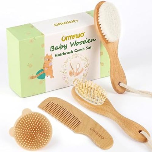 Baby Brush and Comb Set, 4 Piece Wooden Soft Bristle Hairbrush for Newborns