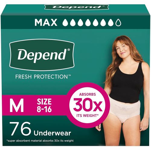 Depend Fresh Protection Adult Incontinence & Postpartum Bladder Leak Underwear for Women, Disposable, Maximum, Medium, Blush, 76 Count (2 Packs of 38), Packaging May Vary