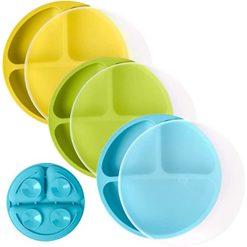 WeeSprout Suction Plates with Lids for Babies & Toddlers - 100% Silicone, Dinnerware Stays Put, Divided Design for Picky Eaters, Microwave & Dishwasher Friendly, 3 Pack - Bright Green, Blue & Yellow - With Lids