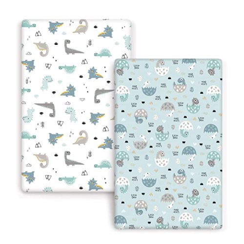 GRSSDER Stretchy Ultra Soft Jersey Knit Fitted Pack n Play Sheets Set 2 Pack, Portable/Mini Crib Sheets for Boys, Universal Fit for Pack N Plays Safe and Snug, Happy Dinosaurs for Baby - Blue