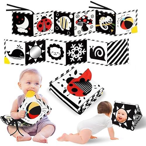 High Contrast Baby Book with Teether, Black and White Baby Book, 0-6-12 Months Soft Book for Newborn, Sensory Books, Montessori Learning Activities for Babies, Easter Basket Stuffer