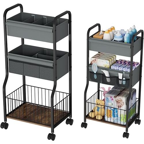 Baby Organizers and Storage, 3-Tier Diaper Caddy Organizer Cart with Lockable Wheels | 4+3 Dividers, Cart for Baby Supplies, Baby Organization for Nursery, Bedroom, Bathroom