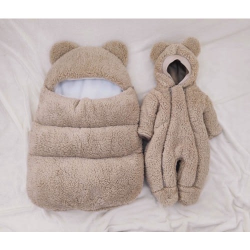 Newborn warm outfit. Beige baby set. Baby fur teddy romper, sleeping bag newborn.