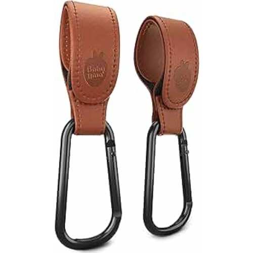 Baby Uma Baby Stroller Hooks - 2-Pack of Leather-Style Stroller Accessories, Non-Slip Stroller Clips, Carry 11 lbs per Stroller Bag Hook, Universal Velcro Hooks, 2 x Stroller Carabiner Clip (Camel)