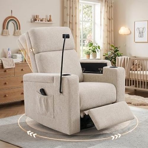 Power Nursery Rocking Chair, Chenille Swivel Rocker Recliner, Beige
