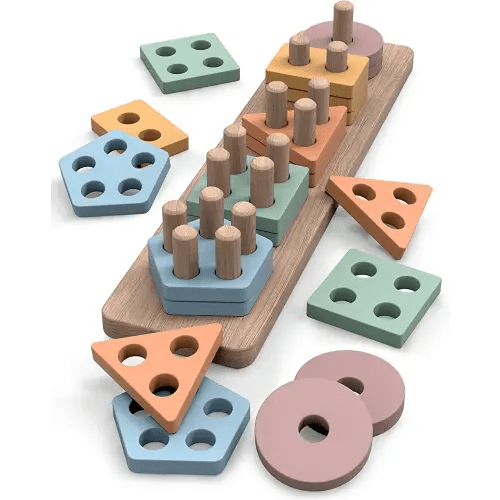 GOPO TOYS Montessori Toys for 18+ Months Old - Toddlers Wooden Sorting and Stacking Toys for Baby Boys and Girls - Shape Sorter and Color Stacker Preschool Kids Wood Gifts