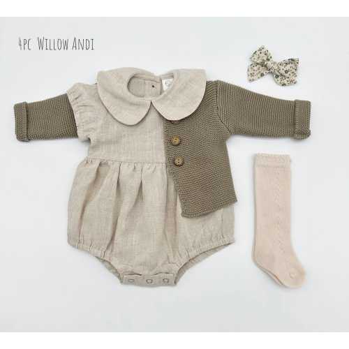 Baby Girl Linen Peter pan Collar Bubble Romper | option sets socks + Bow + Cardigan | ALLIE OAT
