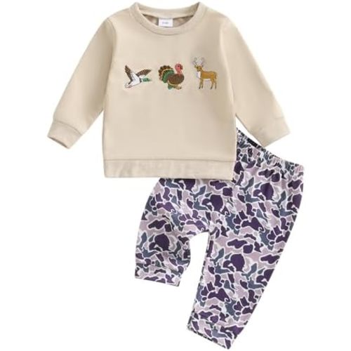 Toddler Boy Fall Winter Clothes Baby Camo Outfits Retro Duck Embroidery Hunting Sweatshirts + Camouflage Pants Set