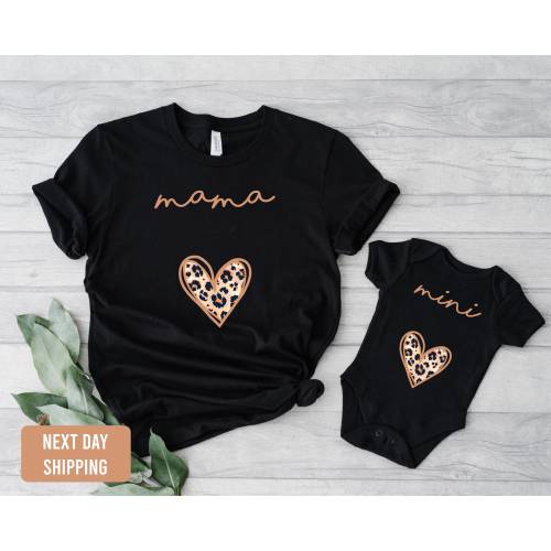 Mama and Mini Leopard Heart Outfit custom Mommy and Me Matching shirts Mama and Mini T-shirt and baby onesie® Cute chic Baby Gift new mom